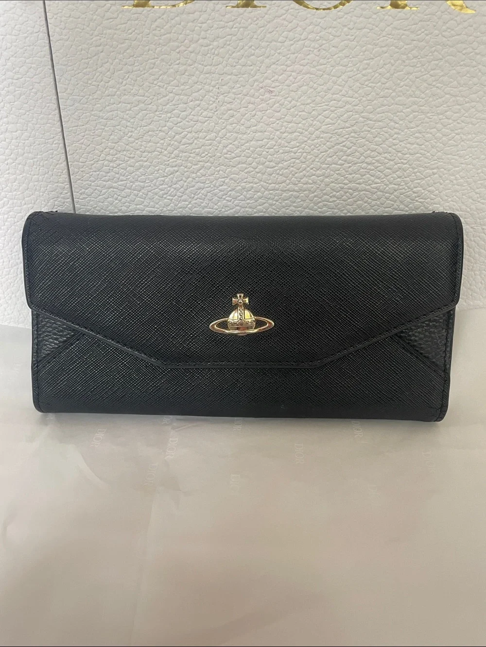 Vivienne Westwood Black Wallet Clutch with Signature Gold Orb Logo